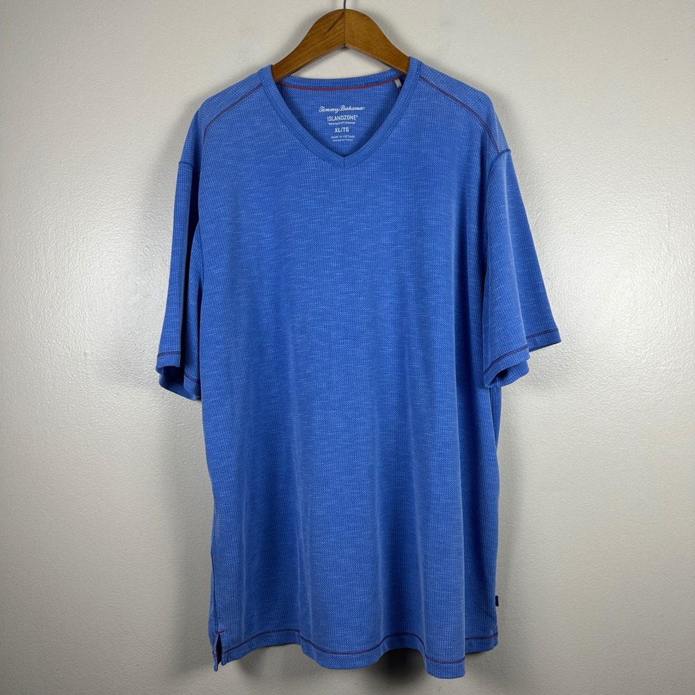 Tommy Bahama Mens XL T-Shirt Blue IslandZone V-Neck Vacation Beach